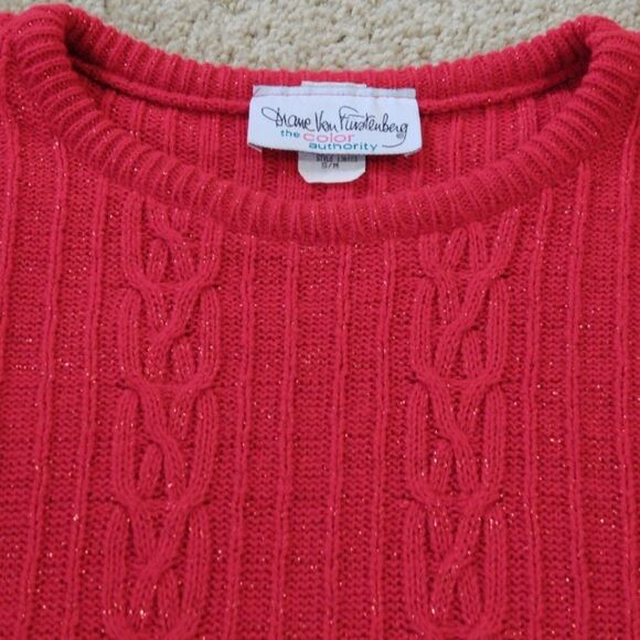 VINTAGE Diane Von Furstenberg Cable Knit Red Metallic Tunic Sweater - Picture 8 of 9